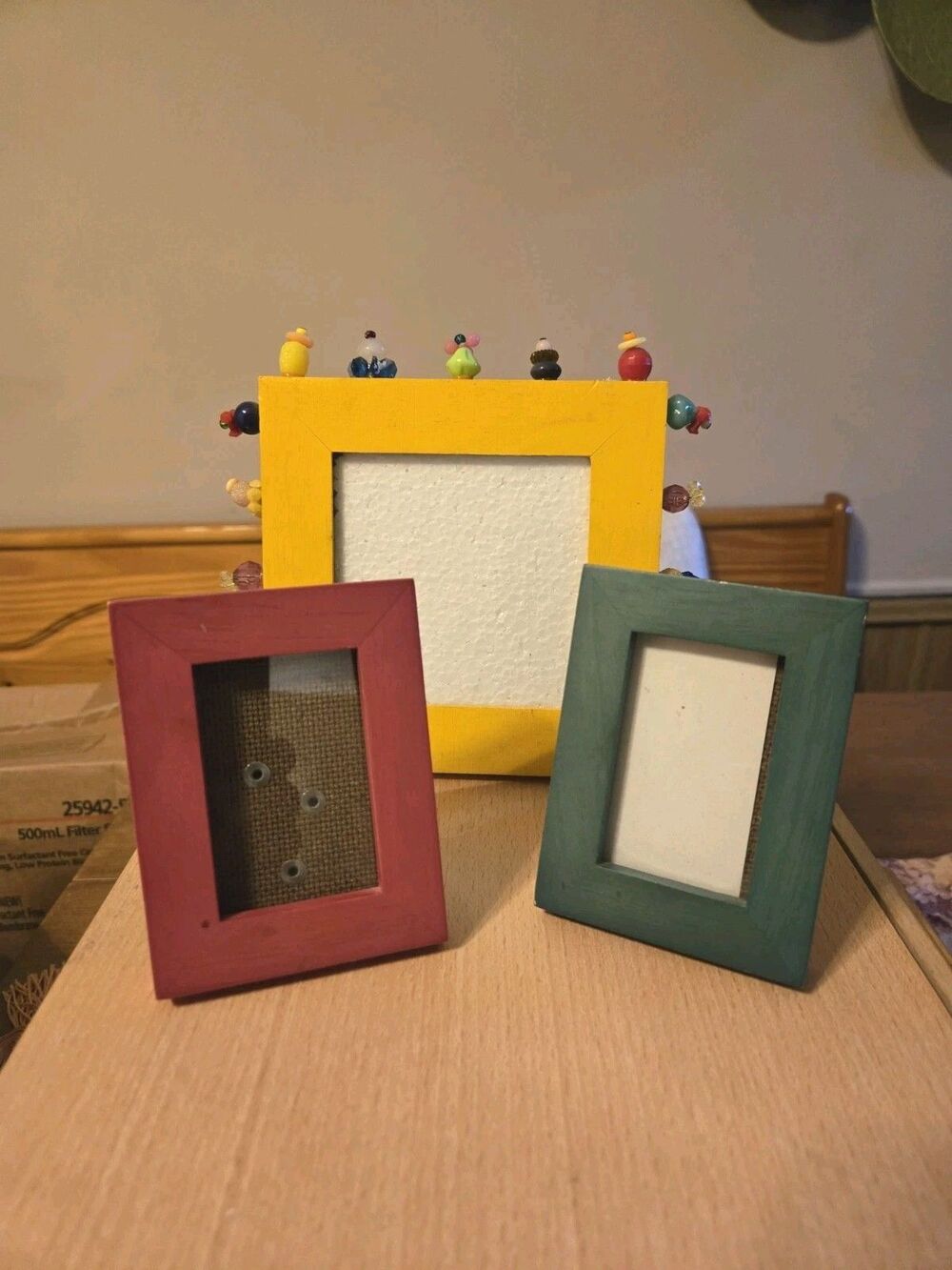 (3) Wood Painted Yellow Beaded Red Green Picture Frames 3x4, 5.5"